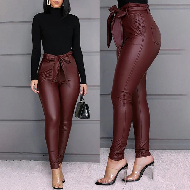 Spring Women Pu Leather Pants Black Sexy Stretch Bodycon Trousers High Waist Long Casual Pencil S-3XL Winter - Deanwangkt