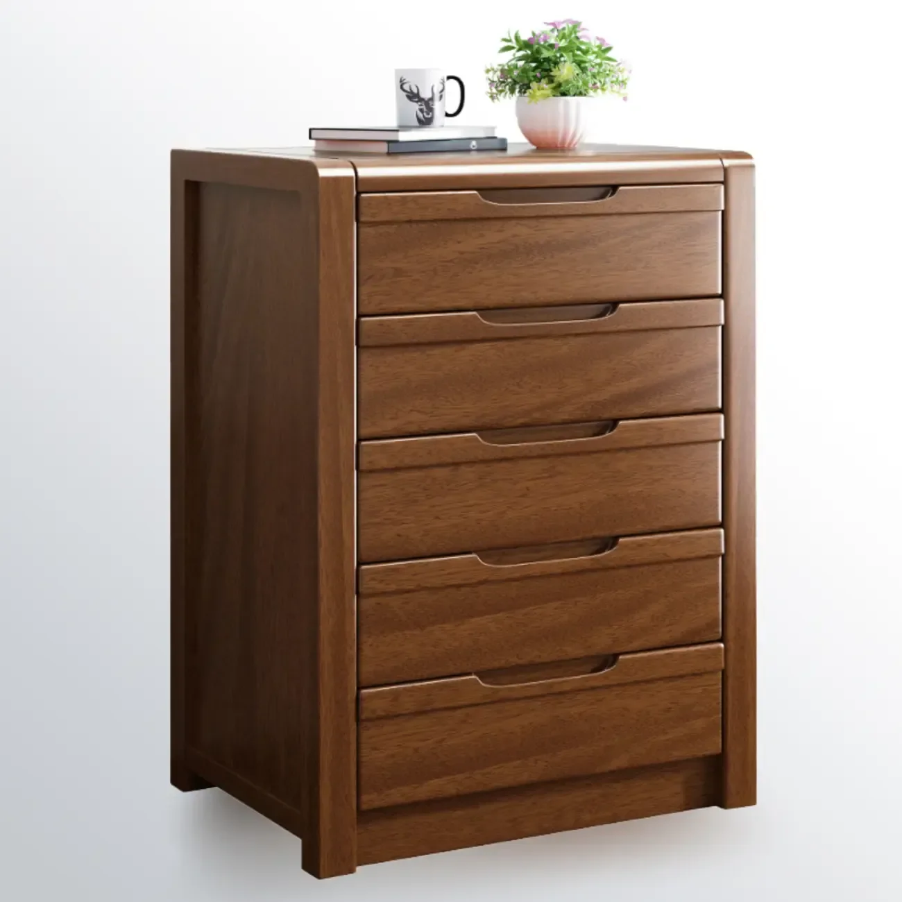 Freestanding Mid-Century Brown Solid Wood Cabinet with Drawers