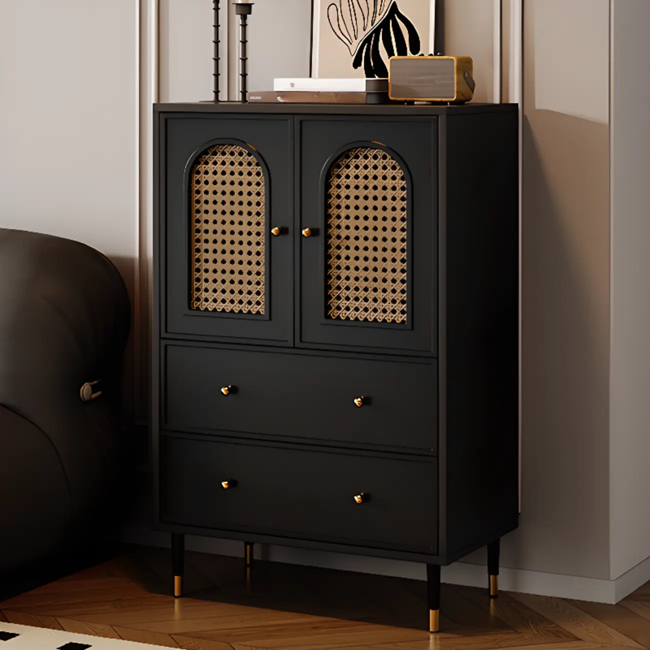 Traditional 3-Layer Rattan Wooden Black Sideboard Cabinet