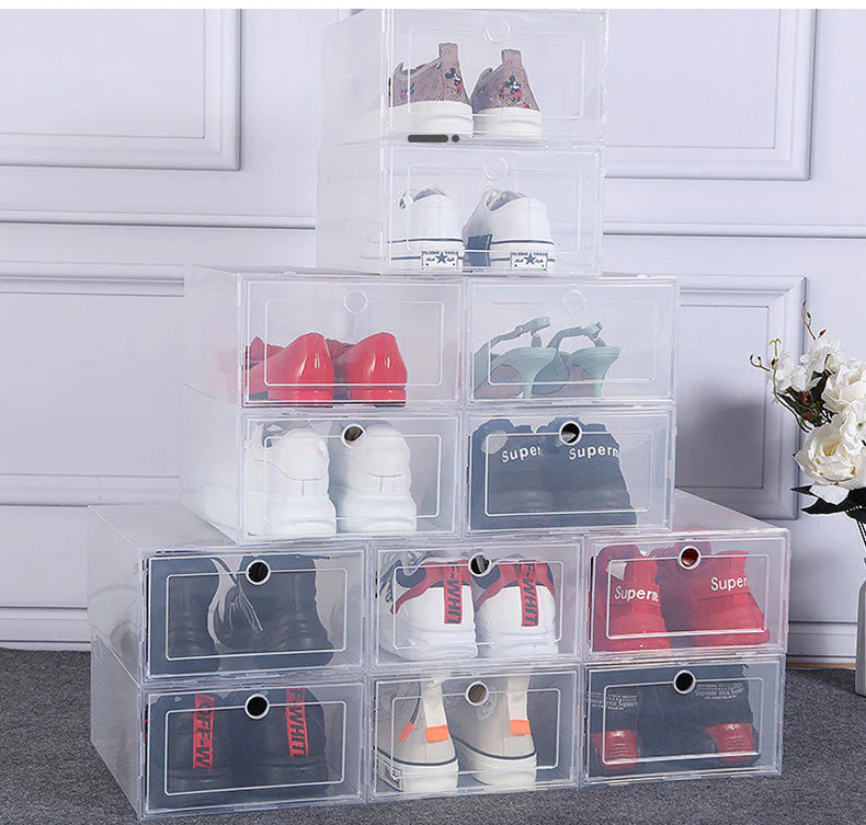 HULIANFU Wholesale 24pcs Shoe Box Set Classic White Foldable Storage Plastic Clear Home Organizer Shoe Rack Stack US CA&NJ warehouse - Deanwangkt
