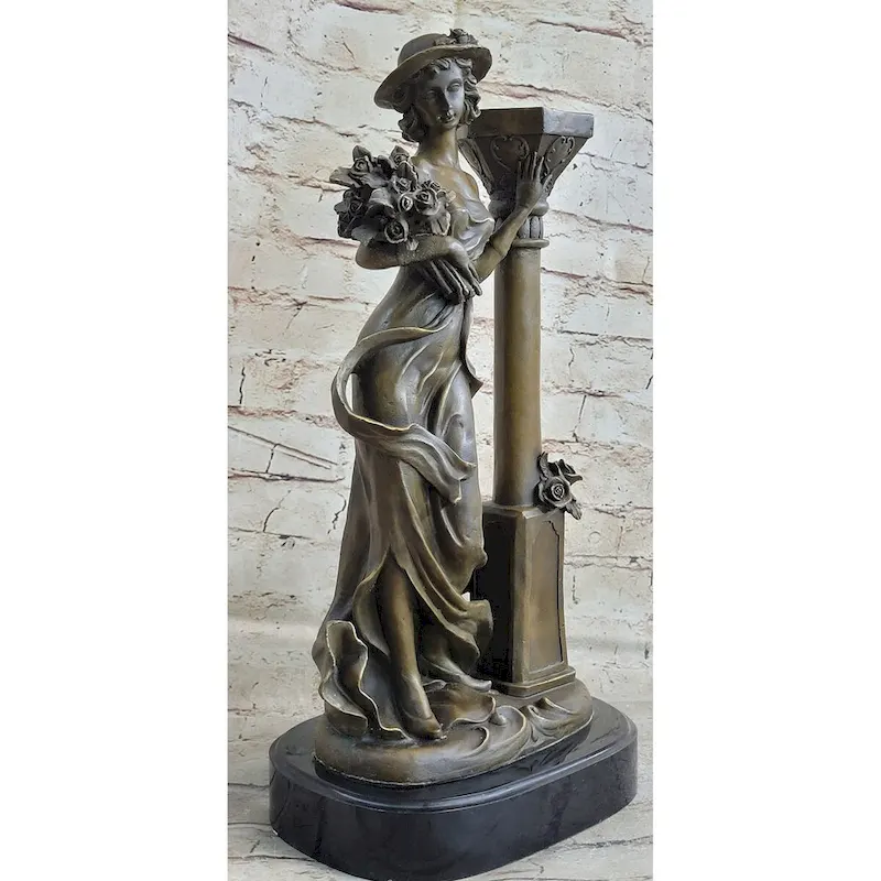 Victorian Style Captive Lady Holding Bouquet Of Flowers Bronze Sculpture Figurin
