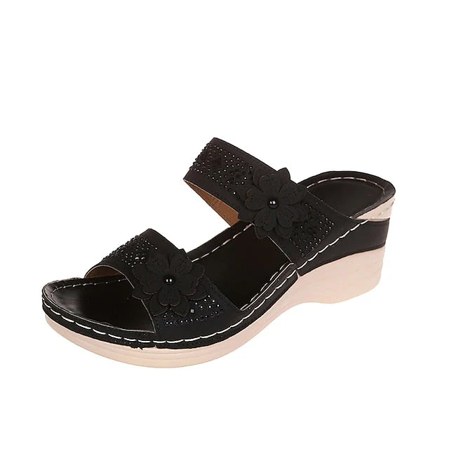 Women's Sandals Boho Bohemia Beach Wedge Sandals Comfort Shoes Outdoor Daily Beach Summer Flower Wedge Heel Round Toe Open Toe Casual Minimalism Walking Shoes PU Leather Faux Leather Loafer Solid - Deanwangkt
