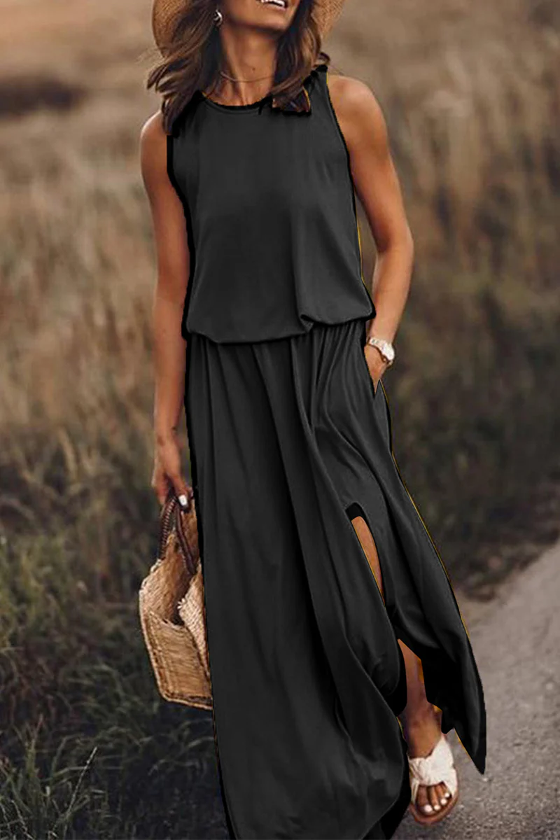 hulianfu Fashion Casual Solid Patchwork Slit O Neck Waist Skirt Dresses(8 Colors) - Deanwangkt