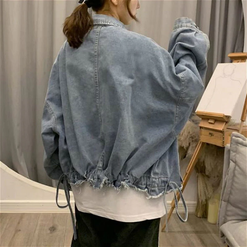 Hulianfu Basic Jackets Women Spring Chic Denim Harajuku Baggy Youth Female Short Outwear Korean Tassel All-match Preppy Girl Streetwear - Deanwangkt