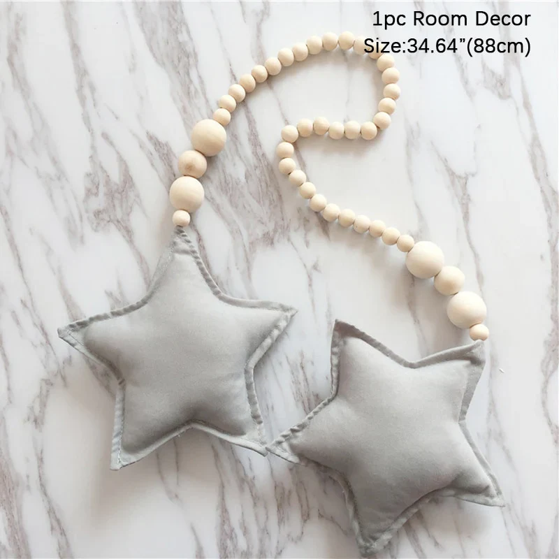HULIANFU Nordic Boho Room Decor Double Star Moon Wooden Beads Cotton Hanging Wall Decoration Kawaii Kids Baby Bedroom Living Room Decor - Deanwangkt