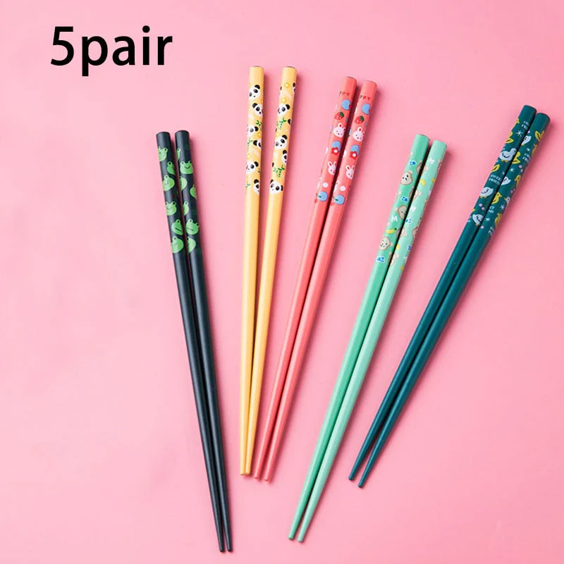HULIANFU Reusable 5 Pair Set Handmade Bamboo Japanese Natural Wood Chopsticks Sushi Food Cat Flower Multi color Wooden Chop sticks - Deanwangkt