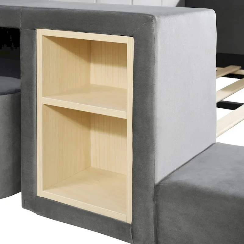 Upholstered Grounded Bed Mother & Child Bed with Bedside Desk and Little Round Stool