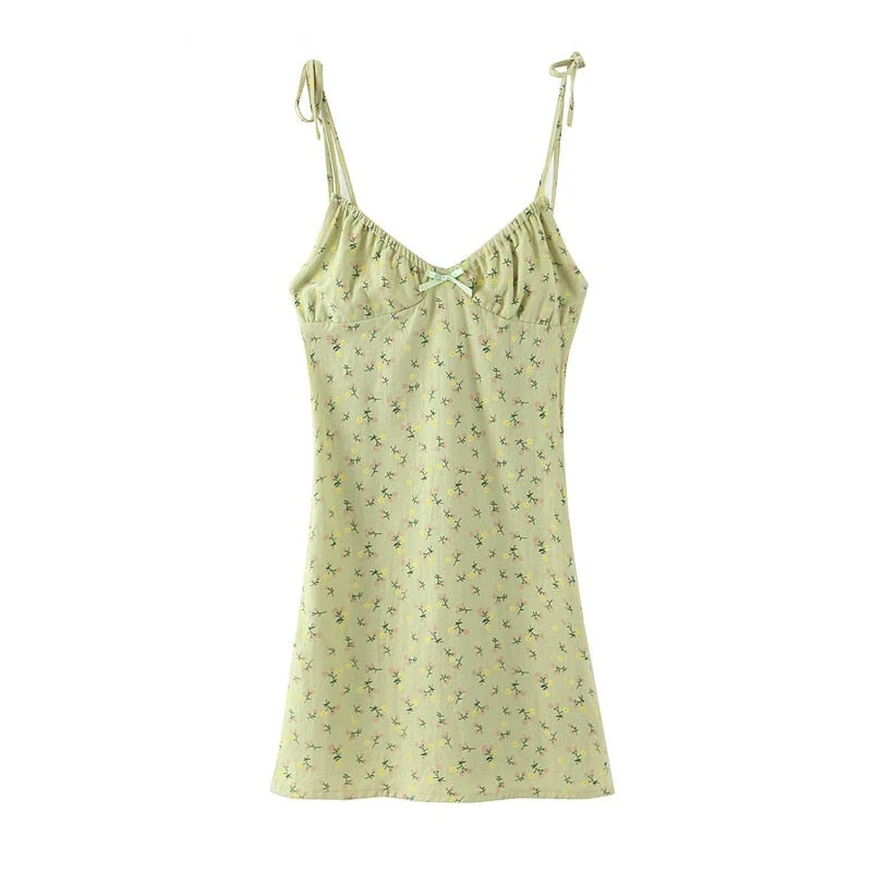 Hulianfu New Casual Chic Floral Print Sling Mini Dress Women Holiday Bow V-neck Dress Summer Sexy Backless Ladies Dresses - Deanwangkt