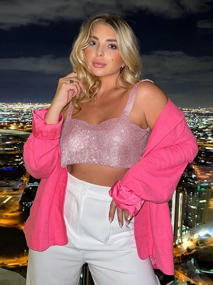 Glitter Tube Tops Sexy Sleeveless Vest Women Crop Top Party Off Shoulder Backless Top Bright Slik Summer Y2K Tank Tops Pink - Deanwangkt