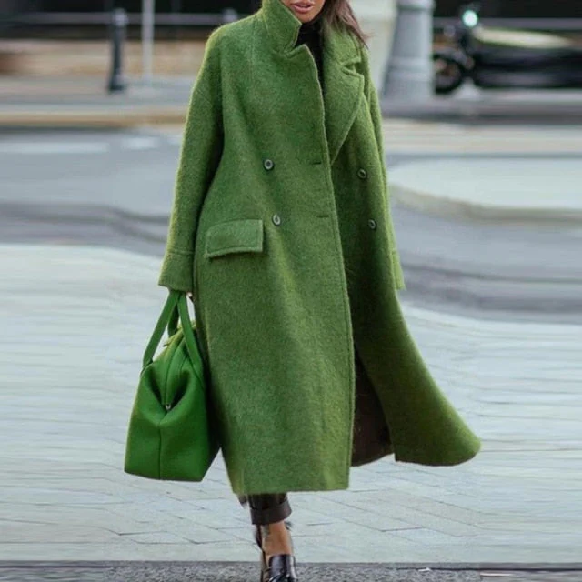 Autumn Winter Long Sleeve Pocket Green Outwear Casual Loose Blend Wool Long Overcoat Women Vintage Button Cardigan Tops Jackets - Deanwangkt