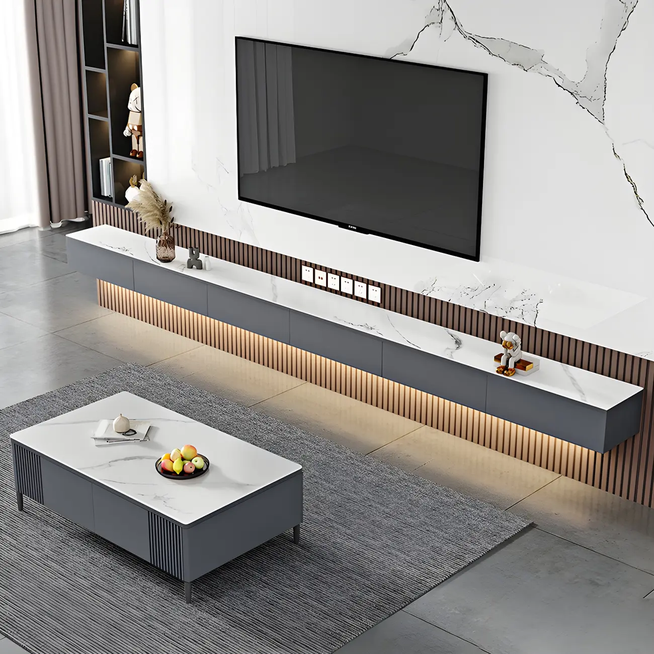 63 Grey Stone Floating Cable Management Drawers TV Stand