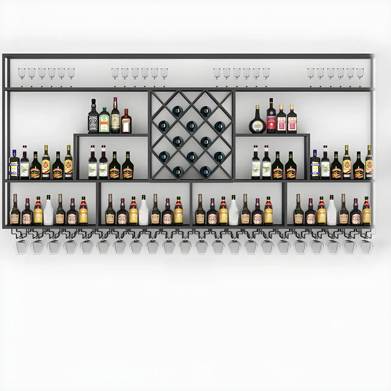 Rectangular Black Metal Wall-Mounted Wine Bottle Rack