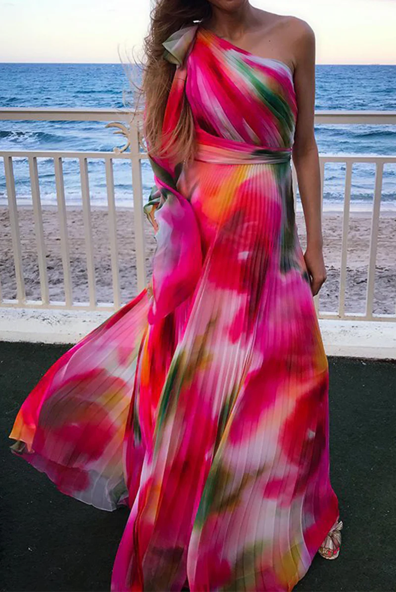 hulianfu Fashion Patchwork Tie-dye One Shoulder Waist Skirt Dresses - Deanwangkt