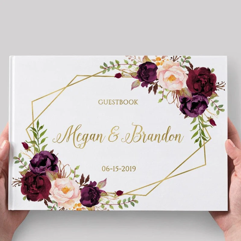 HULIANFU Wedding Guest Book Alternative Geometric Gold Wedding Guestbook Burgundy Floral Personalized Wedding Album Wedding Photo Sign - Deanwangkt