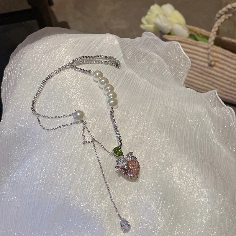hulianfu Korean Sweet Pink Zircon Love Flowers Waterdrop Necklace For Women Girls Pearl Chain Collar Collarbone Wedding Party - Deanwangkt