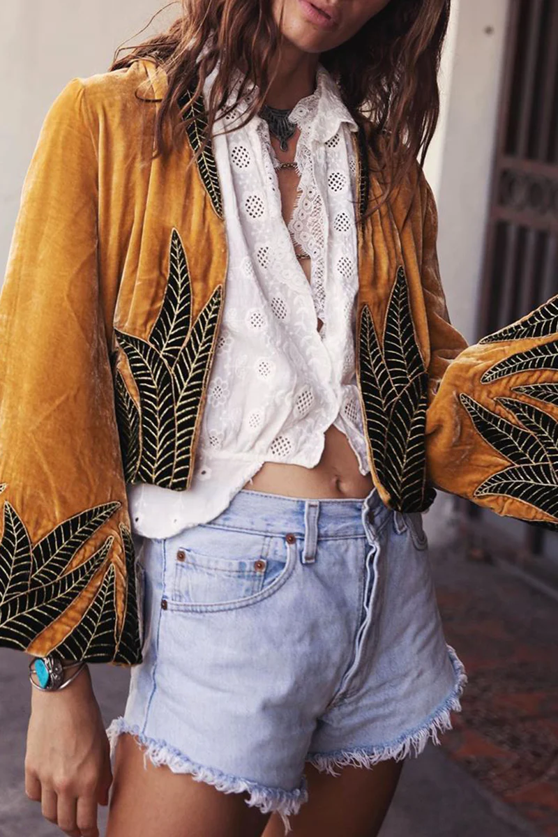 hulianfu Casual Print Patchwork Cardigan Collar Outerwear - Deanwangkt