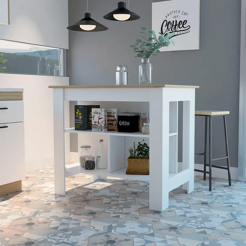 FM Furniture Brooklyn Kitchen Island, Three Concealed Shelves