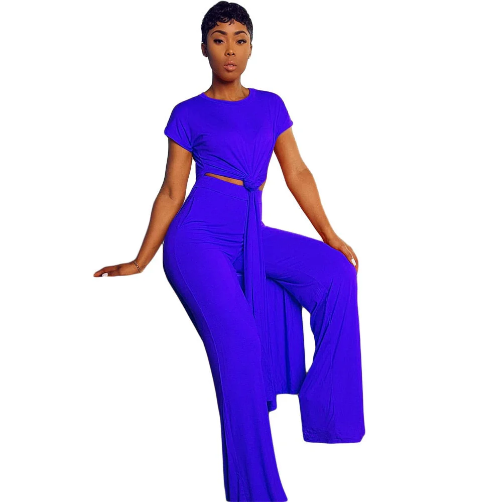 New Arrival Fashion Design two pieces  Sexy Women Set Solid O-neck Long Top  And  Long Pants  Summer  Outfits - Deanwangkt