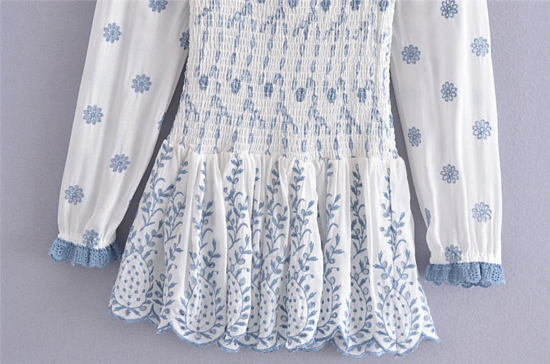 Hulianfu Spring Summer Vintage New Fashion Women Embroidered Elastic Square Neck Puff Long Sleeve Short Mini Dress - Deanwangkt