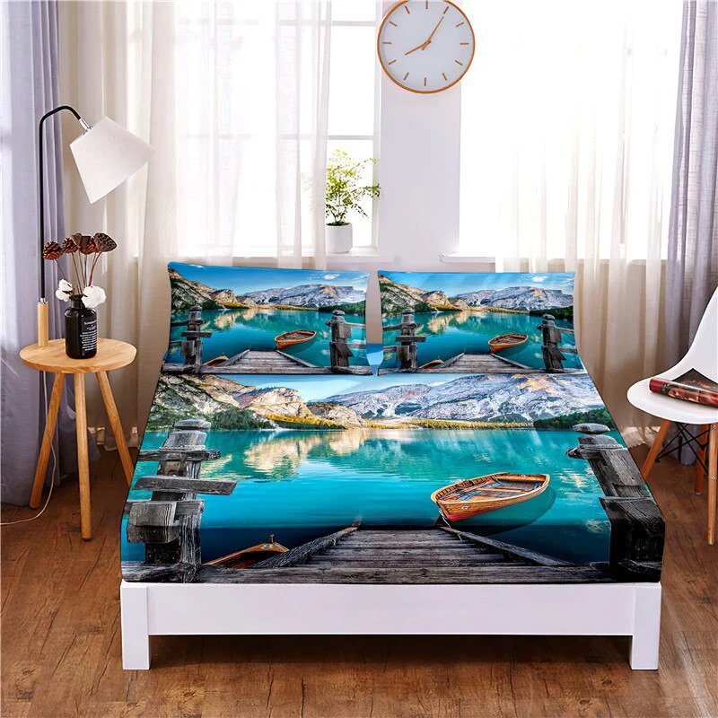 HULIANFU Sunset Beach Digital Printed 3pc Polyester  Fitted Sheet Mattress Cover Four Corners with Elastic Band Bed Sheet Pillowcases - Deanwangkt
