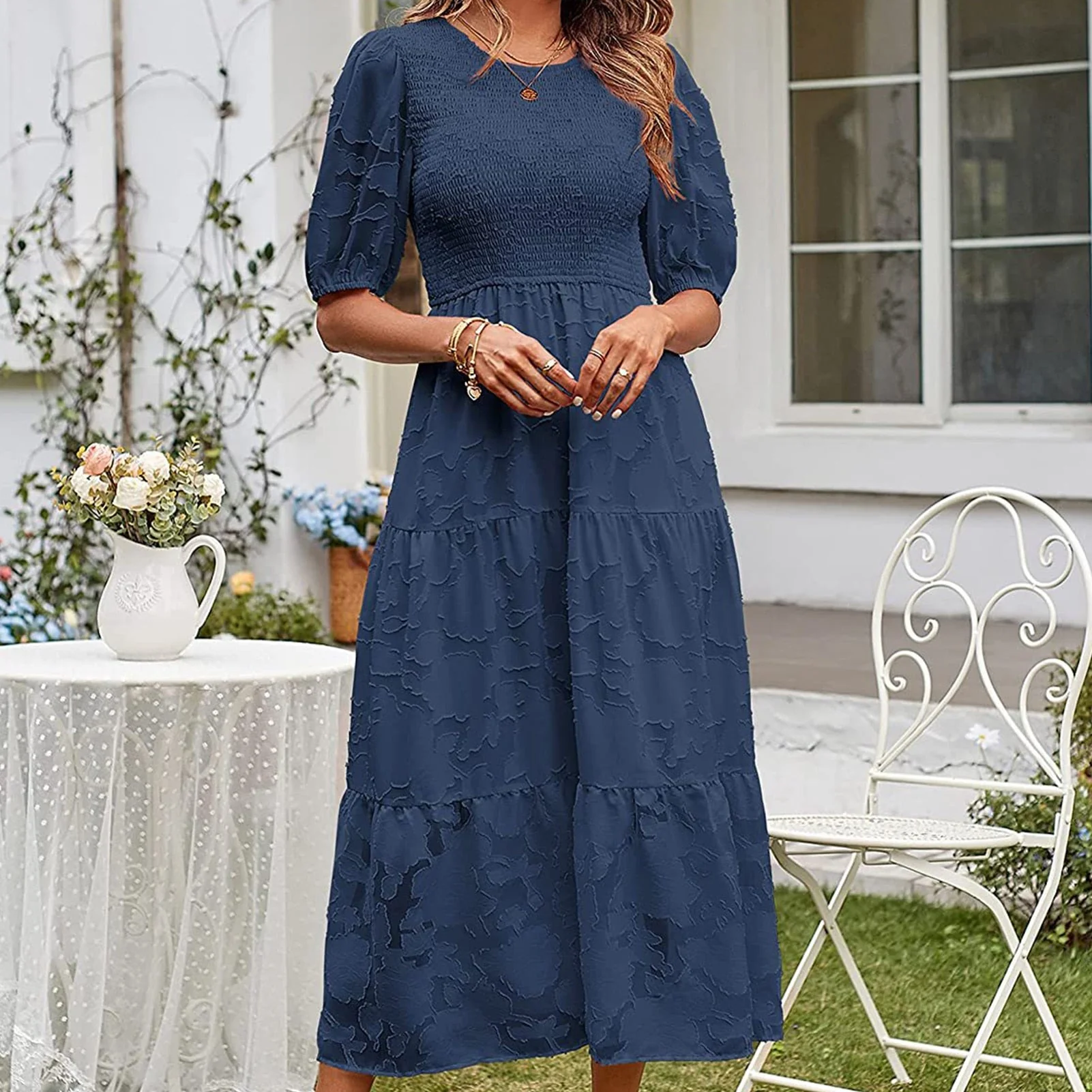 New Summer Women Fashion Puff Sleeve O-Neck Long Dress Casual Solid Printed Button Dress Female Slim Big Hem Office Dresses - Deanwangkt
