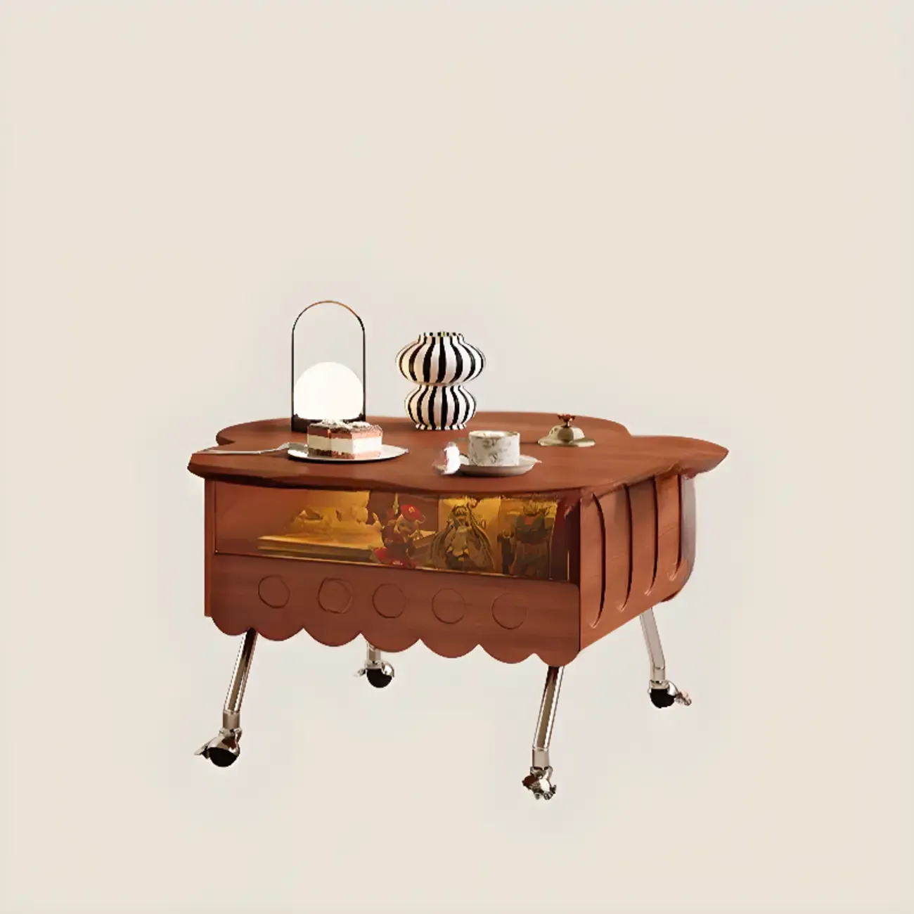 Adjustable Walnut Wood Flower Shaped Coffee Table with Wheels