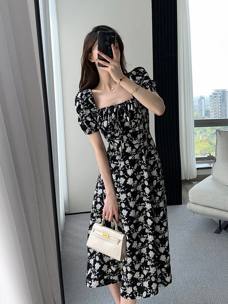 Hulianfu Vintage French Sexy Bodycon Black Floral Square Collar Office Lady Midi Chiffon Dress Women Party Elegant Clothes Summer - Deanwangkt