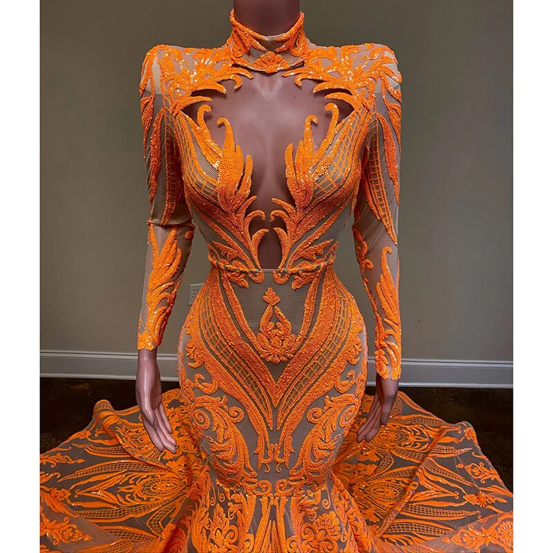 Hulianfu Orange Mermaid Evening Gowns  Party Dress For Womens Blingbling Applique Long Sleeves Occasion Gown Robe De Soir¨¦e - Deanwangkt