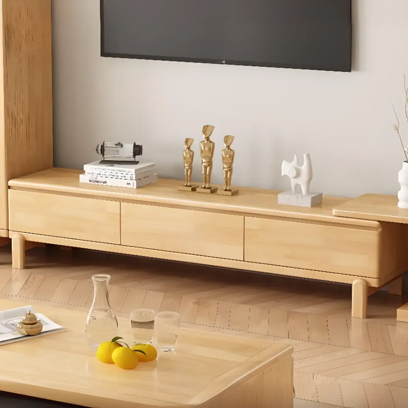 Durable Natural Wooden TV Stand with Cable Management