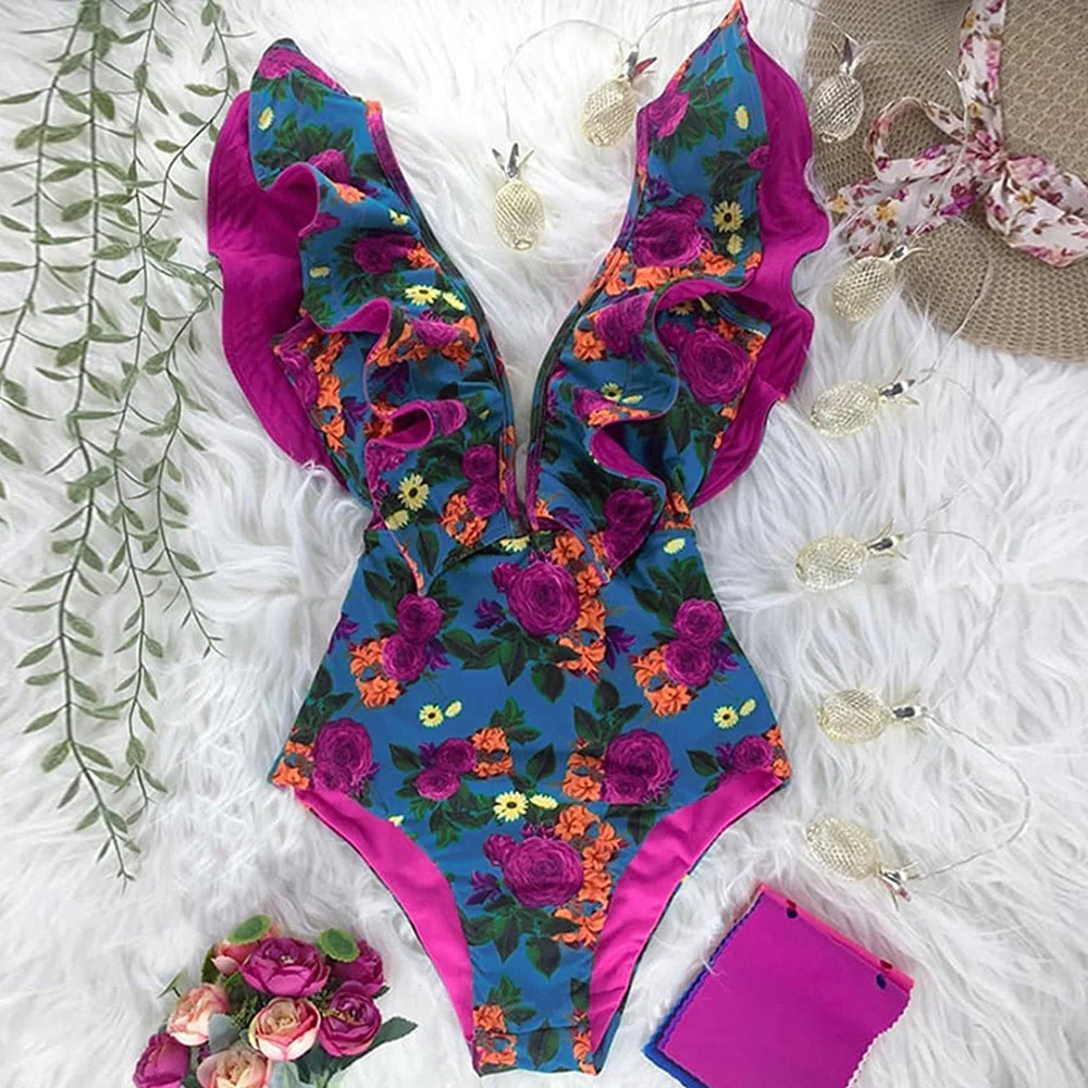 New Sexy Ruffle Print Floral One Piece Swimsuit Off The Shoulder Swimwear Women Solid Deep-V Beachwear Bathing Suit Monkini - Deanwangkt