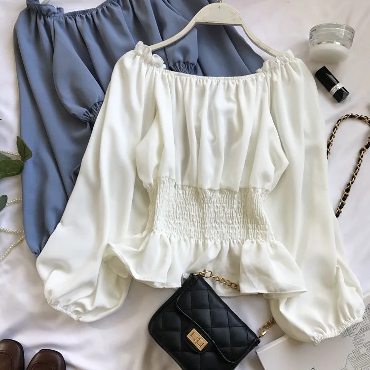 Hulianfu Youth Elegant Blouse Women Chiffon Fashion Blouse Off Shoulder White Shirt Ruffle Puff Sleeve Top Office wear - Deanwangkt