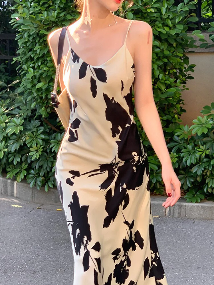 Hulianfu Vintage Elegant Print Spaghetti Strap Midi Dress for Women Party Fashion One Piece Bodycon Prom Robe Vestidos Summer Korean - Deanwangkt