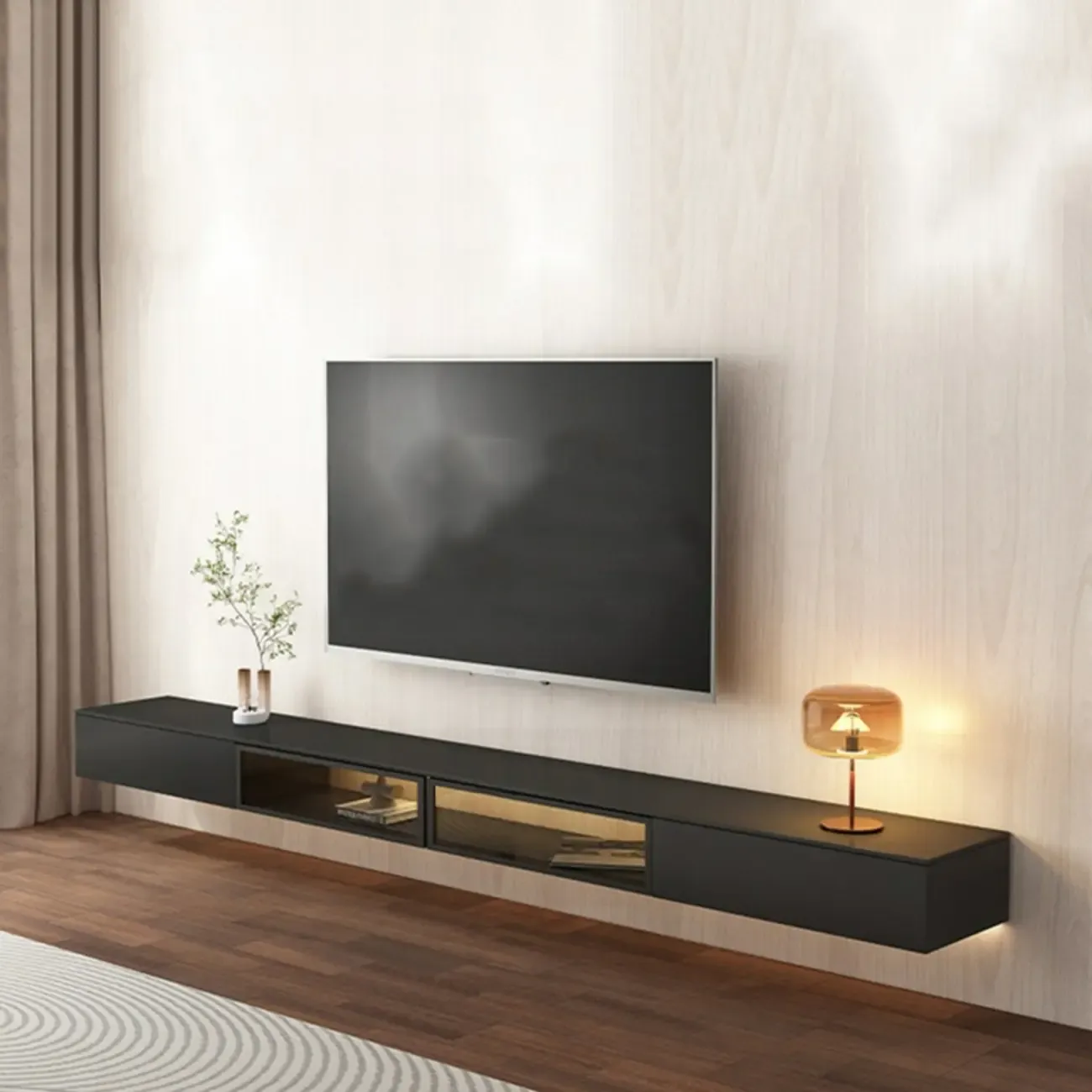 63 Grey Sintered Stone Long Floating TV Stand with Cabinet