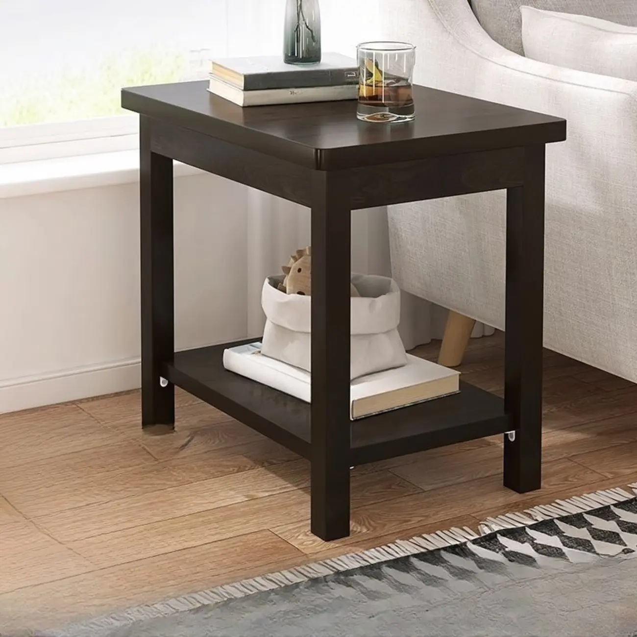 Minimalist Black Wood End Table with Storage for Living Room