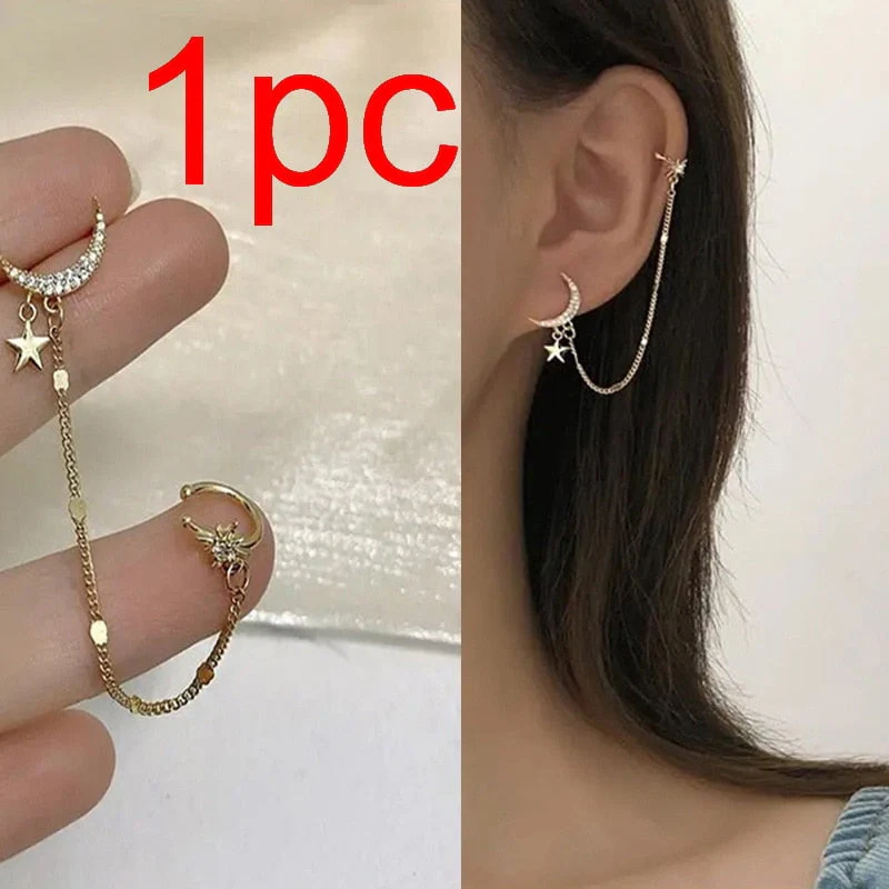 1PC New Fashion Gold Color Moon Star Clip Earrings For Women Simple Butterfly Fake Cartilage Long Tassel Ear Cuff Jewelry Gifts - Deanwangkt