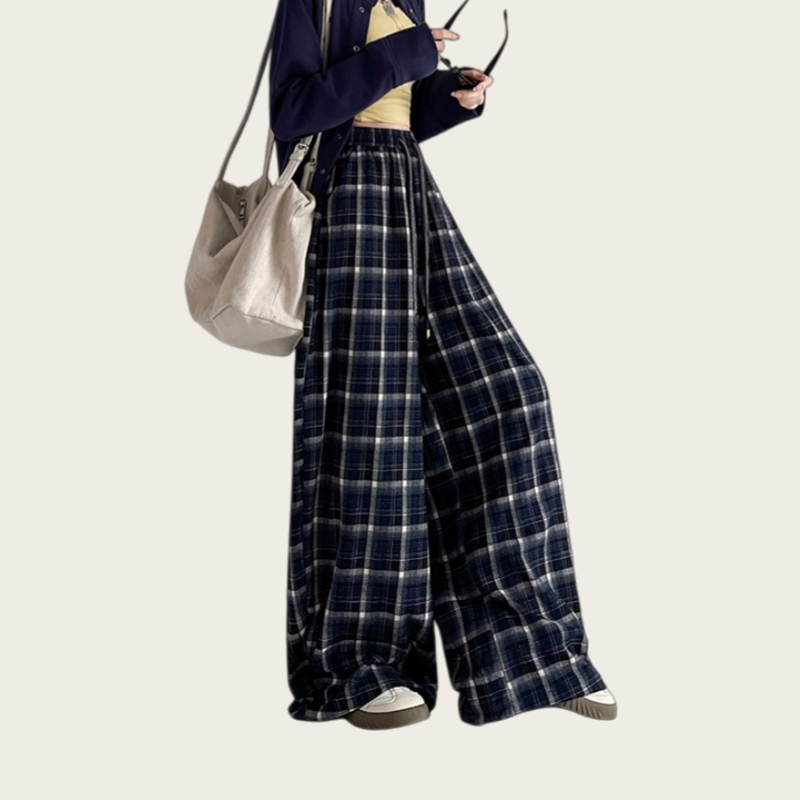 Women’s Blue Plaid Relaxed High-Waist Wide-Leg Pants