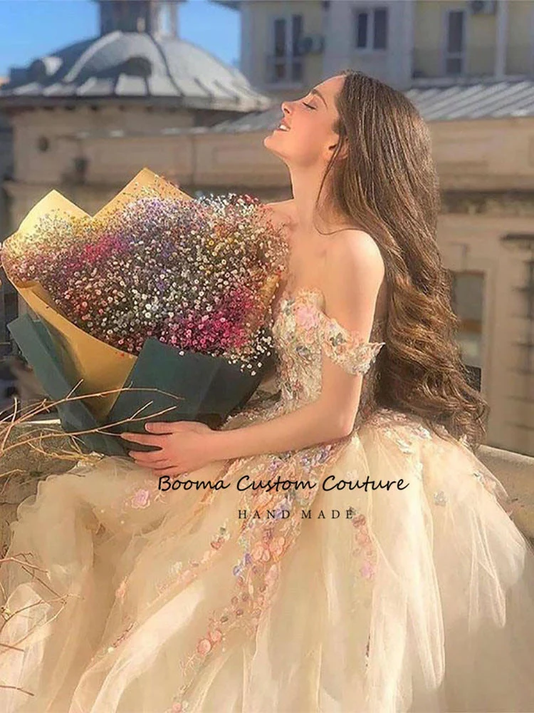 hulianfu  Fairy Ball Gown Princess Prom Dresses Off the Shoulder Sweetheart Floral Appliques Formal Party Dresses Tulle Long Evening Gowns - Deanwangkt
