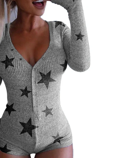 Hulianfu Spring New Women Knitted  Romper Homewear Cute Deep V-Neck Long-Sleeved Pajamas Female Star Pattern Button Jumpsuit - Deanwangkt