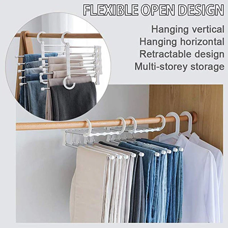 HULIANFU Stainless Steel Hangers Storage Tie Clips Multi-function 5 Layers Clothes Pants Rack Jeans Drying Rack Double Hooks Save Space - Deanwangkt