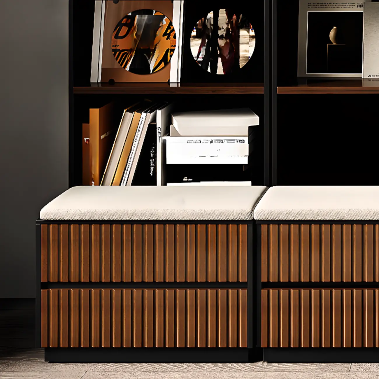 Tall French Country Display Wooden Bookcase with Cushioned Bench