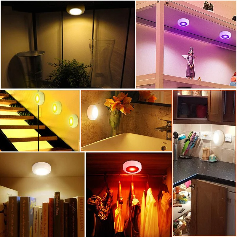 HULIANFU Wireless LED Under Cabinet Light Dimmable Touch Sensor RGB LED Puck Lights For Cupboard Wardrobe Stair Closet Hallway Night Lamp - Deanwangkt