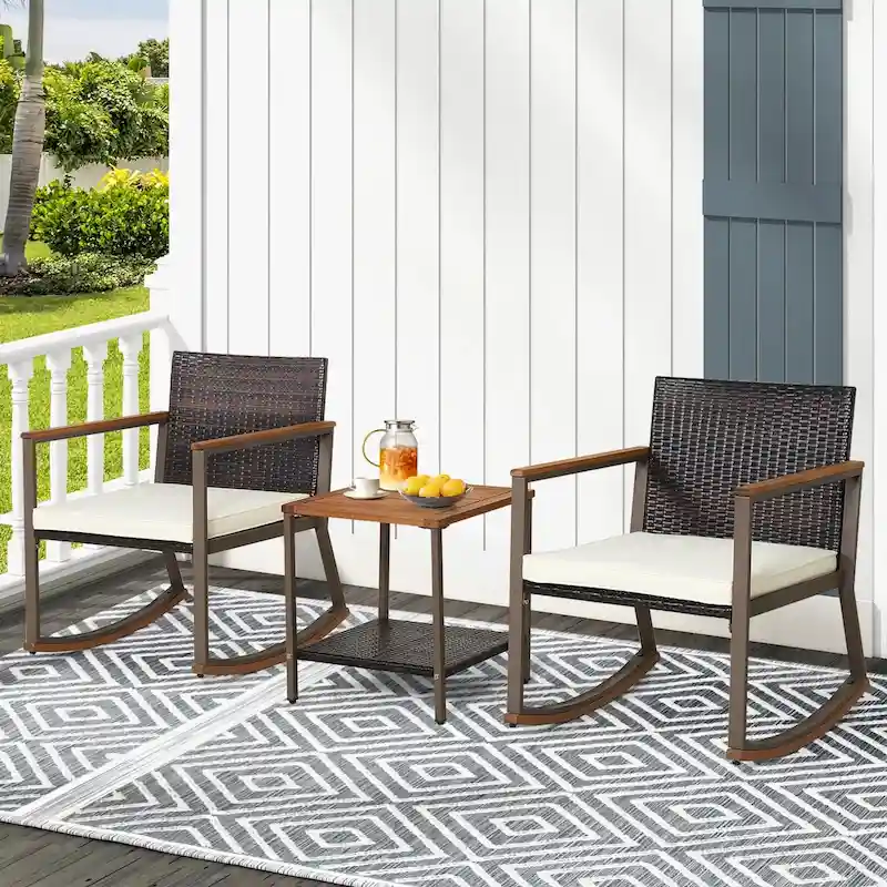 3 Pieces Rocking Bistro Set, Patio Rattan Furniture Conversation Chairs with Coffee Table & Cushions for Balcony Porch Poolside