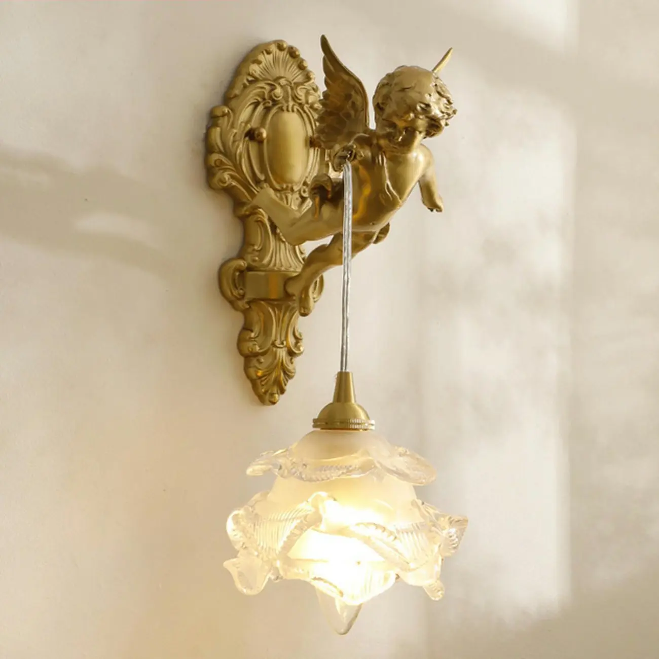 Artistic Vintage Gold Angel Wall Sconce with Crystal Shade