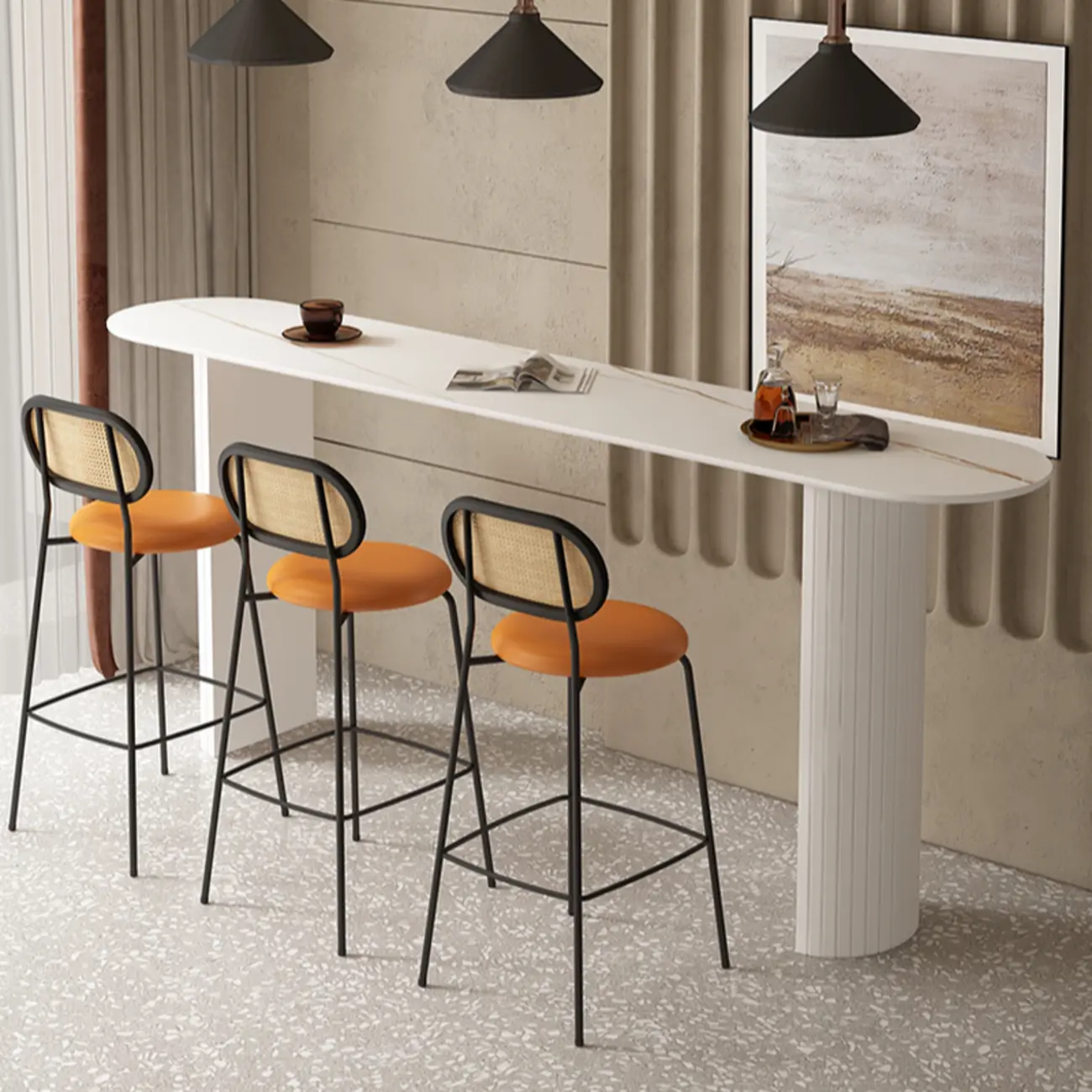 Scandinavian Oblong Black Stone Ribbed Steel Bar Tables