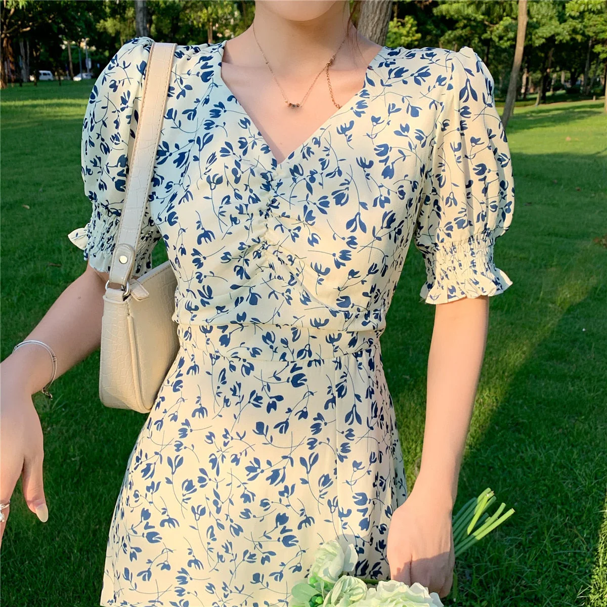 Hulianfu Harajuku Floral Dress for Women Party French Vintage Retro Office Lady Casual Club Mini Sexy Dresses Summer New Clothes - Deanwangkt