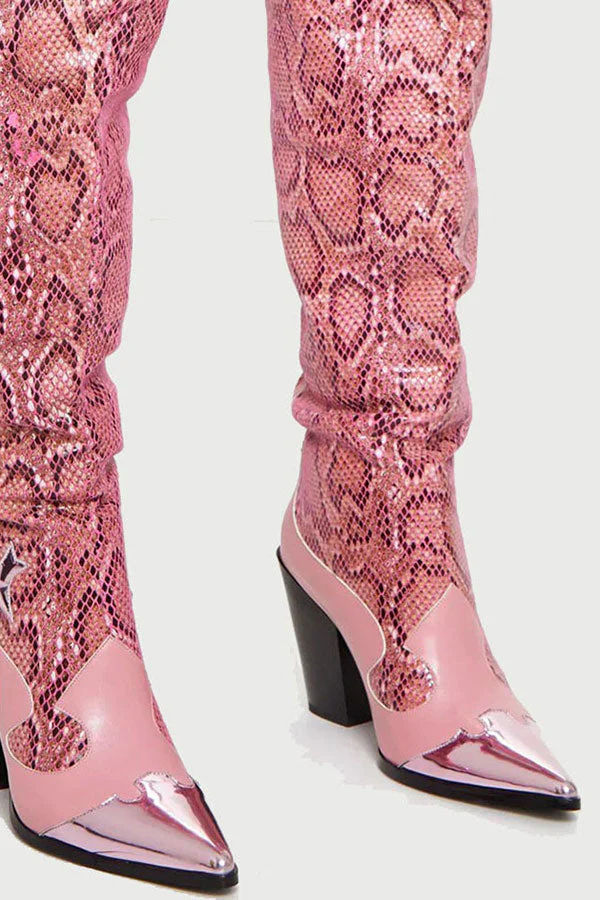 hulianfu Pink Snake Print Patchwork Modern Boots - Deanwangkt