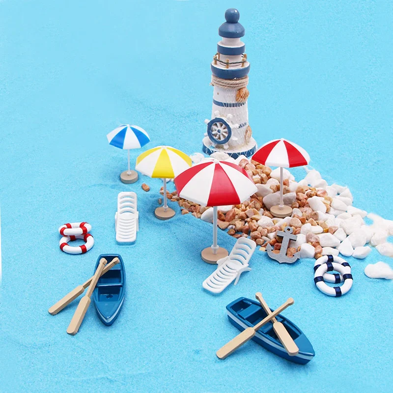 HULIANFU Ocean Beach Style Miniatures Artificial Sunshade Umbella Chair Anchor Micro Landscape For Garden Pastoral DIY Accessories Decor - Deanwangkt