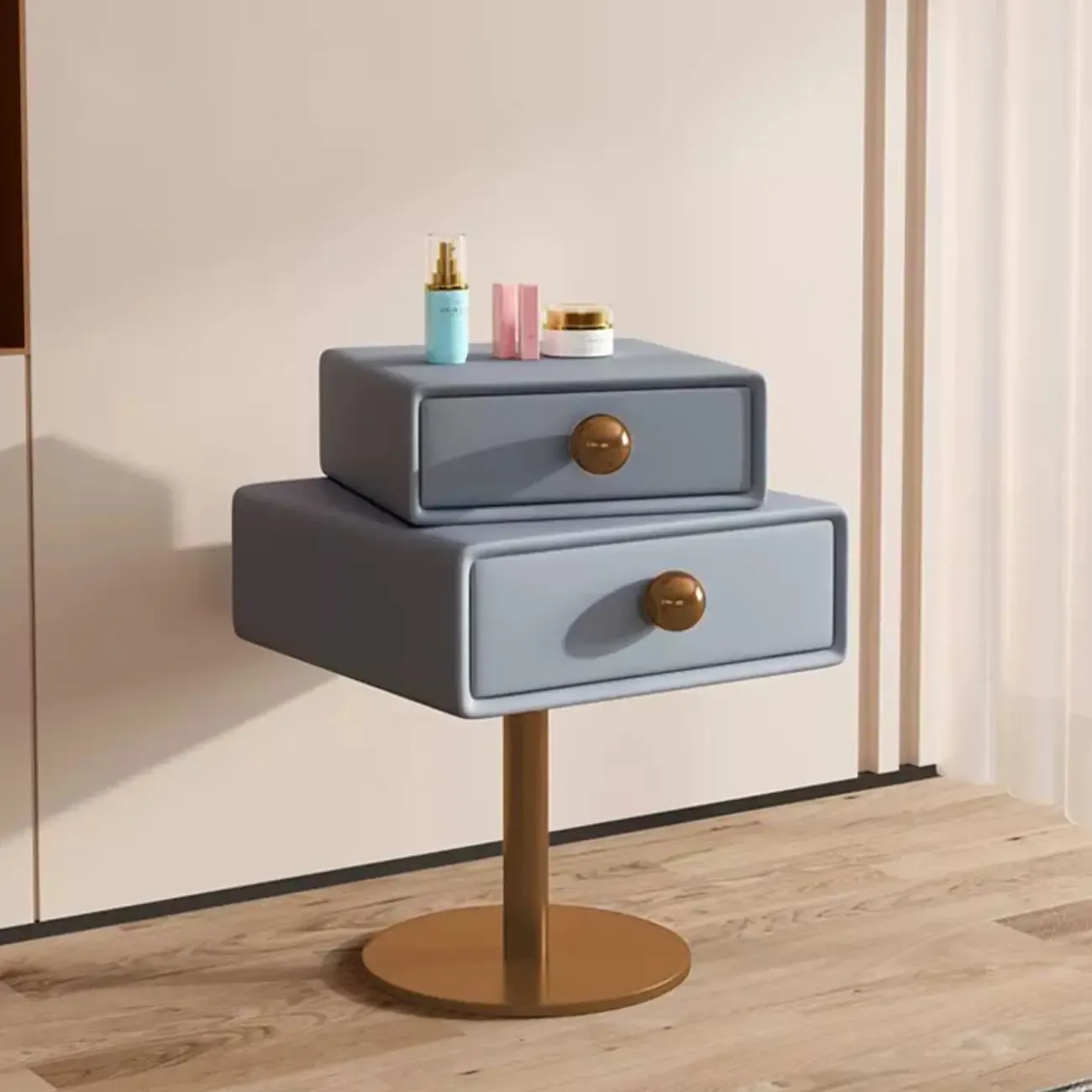 Modern Metal Faux Leather Swivel 2-Drawer Nightstand