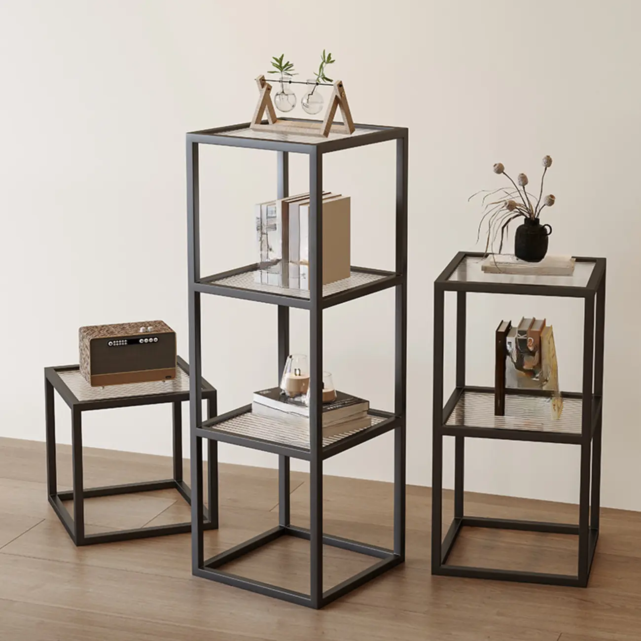 Modern Cube Open Metal Frame Black Bookcase