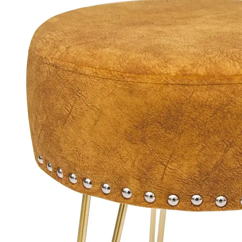 Adeco Round Footstool Ottoman Velvet Dressing Stool Gold Metal Legs
